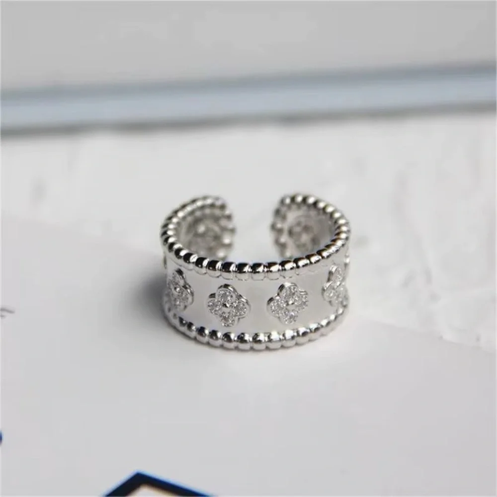 Luxury Inspired Four Leaf Clover Beaded Wide Band Ring – Silver & Zirconia